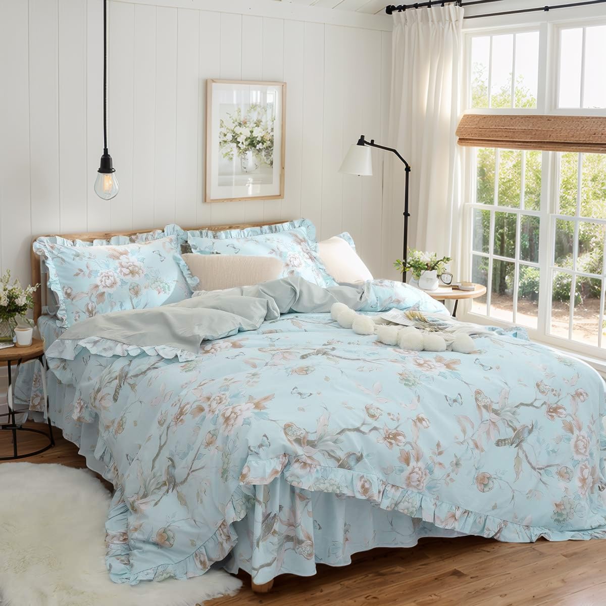 FADFAY Farmhouse Floral Bedding Shabby Blue Bird Print French Countryside Chic Bedding Set Luxury Bedskirt Collections 800 Thread Count 100% Egyptian Cotton, 4 Piece-Twin Size