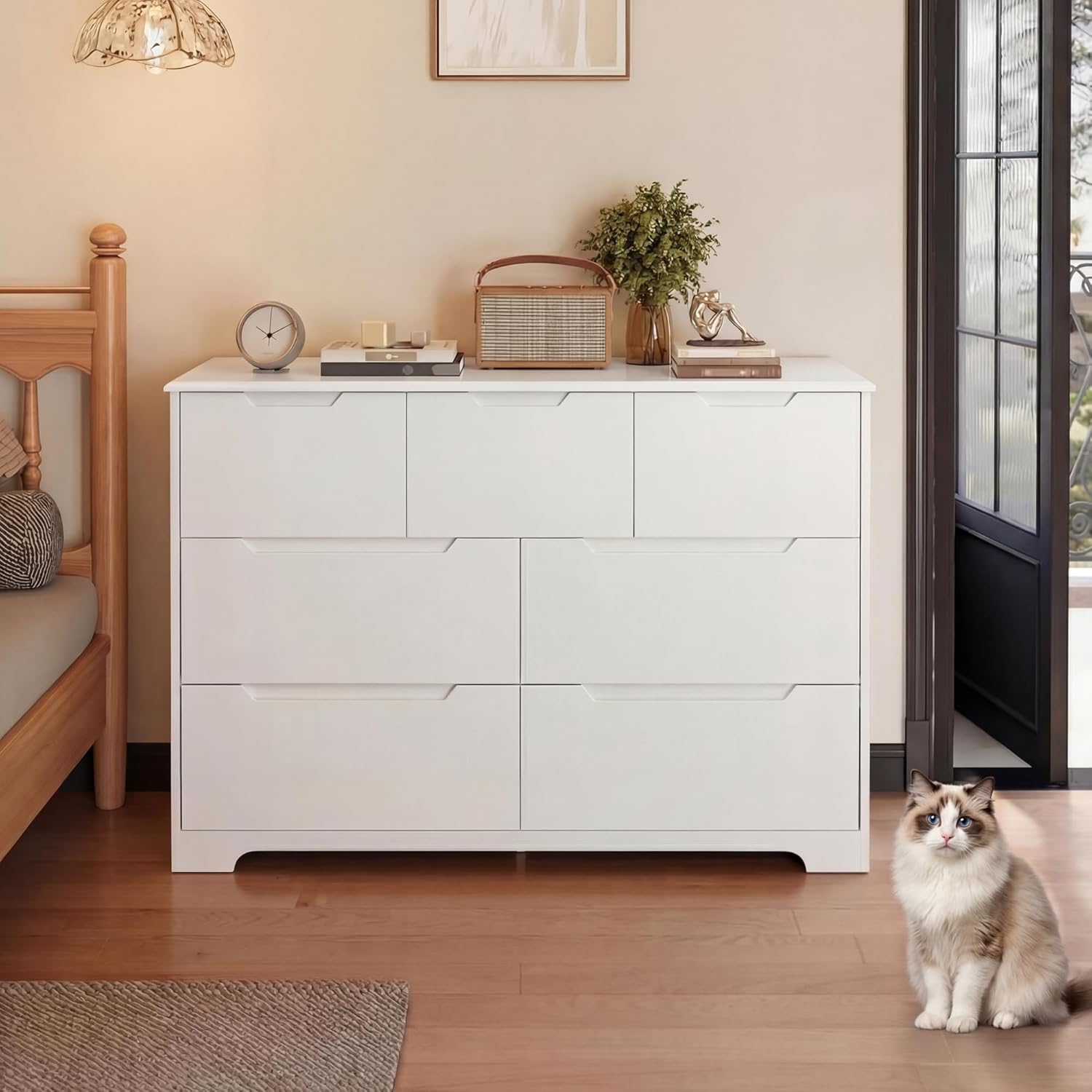 Gizoon 7 Drawer Dresser, 48' Wide White Dresser for Bedroom, Chest of Drawers with Handle Free Design, Modern Storage Organizer for Living Room, Kids Room, Entryway, Hallway, White