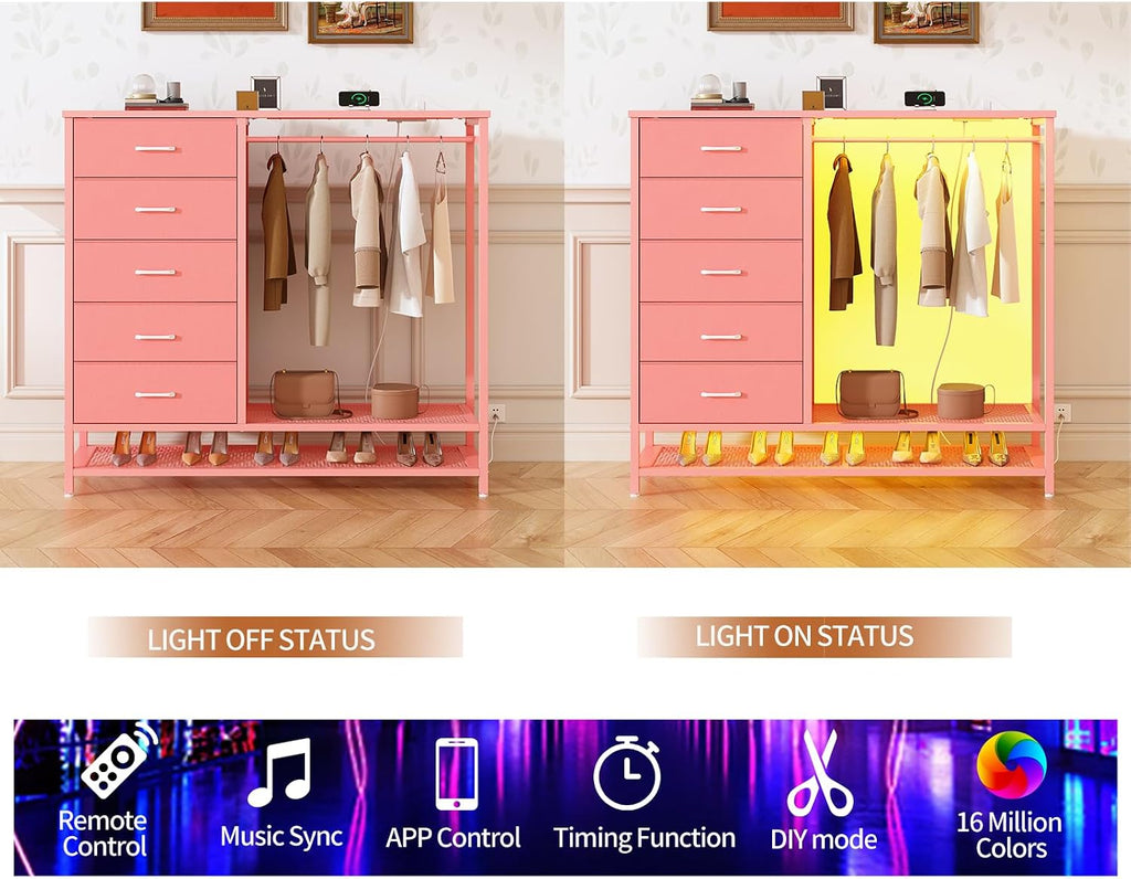 Dresser for Bedroom, Dresser with Hanging Rack Led Lights and Charging Station, Tall Dresser with 5 Fabric Chest of Drawers with PU Finish Storage Organizer, for Living Room Kids Room Closet, Pink