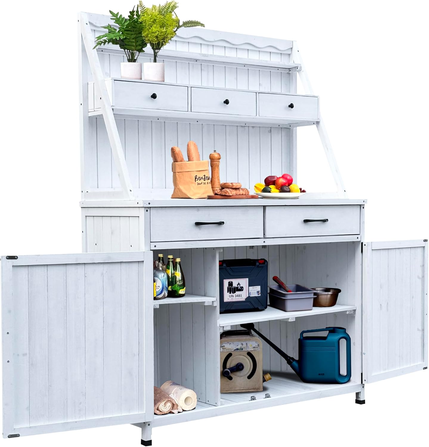 Outdoor Potting Bench with Storage and Drawer, Wooden Gardening Work Table, Fir Wood, White Farmhouse Style, 64.5x45.5x18.9 Inch