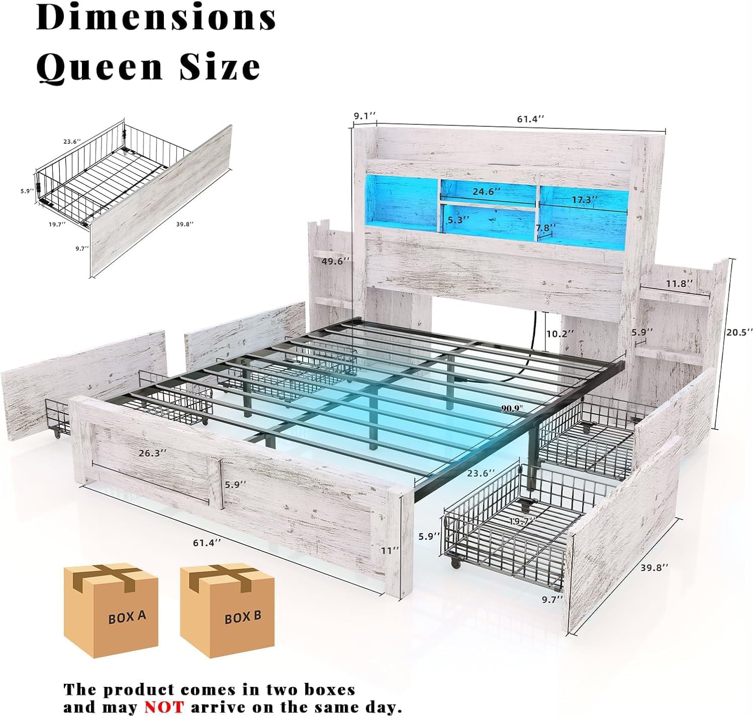LUXOAK Queen Bed Frame with 49.6' Bookcase Headboard & 4 Drawers & 2 Detachable Bedside Stoage Racks, Farmhouse Wood Bed Frame with RGB LED & Charging Station, No Box Spring Needed, Distressed White