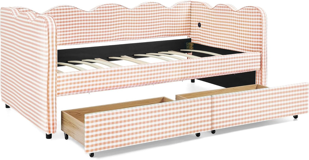 DEINPPA Twin Size Upholstered Daybed with 2 Storage Drawers, Gingham Daybed with USB Ports for Bedroom Living Room Guest Room-Pink
