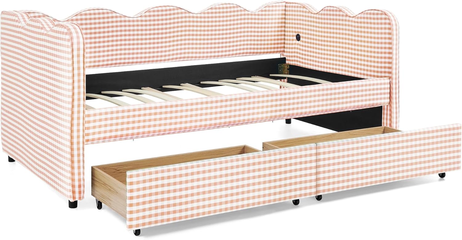 DEINPPA Twin Size Upholstered Daybed with 2 Storage Drawers, Gingham Daybed with USB Ports for Bedroom Living Room Guest Room-Pink