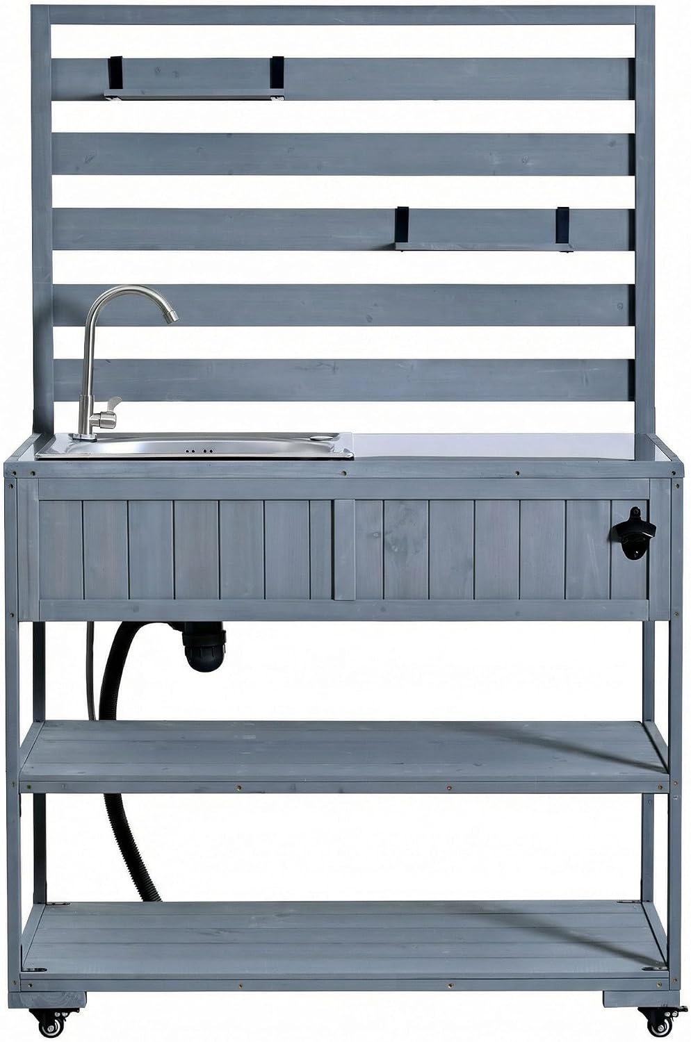 Outdoor Grill Table with Stainless Steel Sink, Outdoor Sink Station, 41.7' Rolling Kitchen Island Cart, Solid Wood Potting Table, 2 Shelves (Gray)