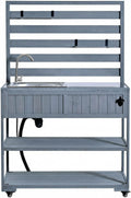 Outdoor Grill Table with Stainless Steel Sink, Outdoor Sink Station, 41.7' Rolling Kitchen Island Cart, Solid Wood Potting Table, 2 Shelves (Gray)