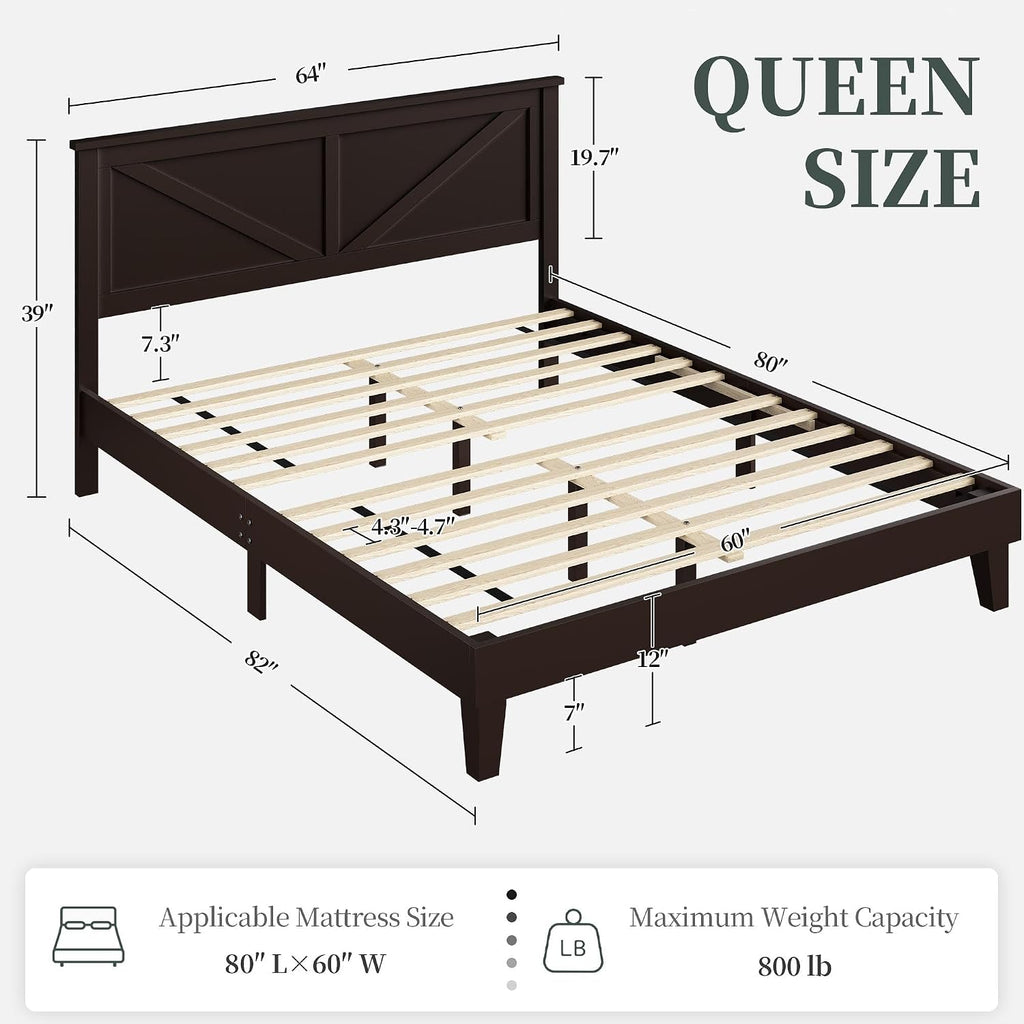 Yaheetech Wood Bed Queen, Farmhouse Espresso Rubberwood Platform Bed Frame with V-Designed Headboard, Sturdy Wooden Support Slats, Holds up to 800 Pounds, Noise-Free, Easy Assembly