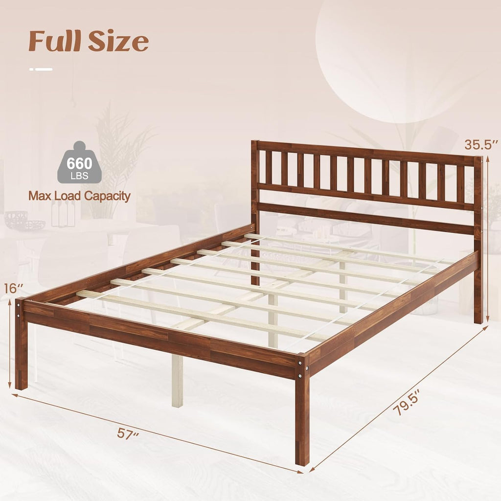 KOMFOTT Full Size Wood Platform Bed Frame with Headboard, 16-Inch Mid-Century Wooden Bed Frame with Slats Support & 12' Under Bed Storage Space, Retro Mattress Foundation, No Box Spring Needed