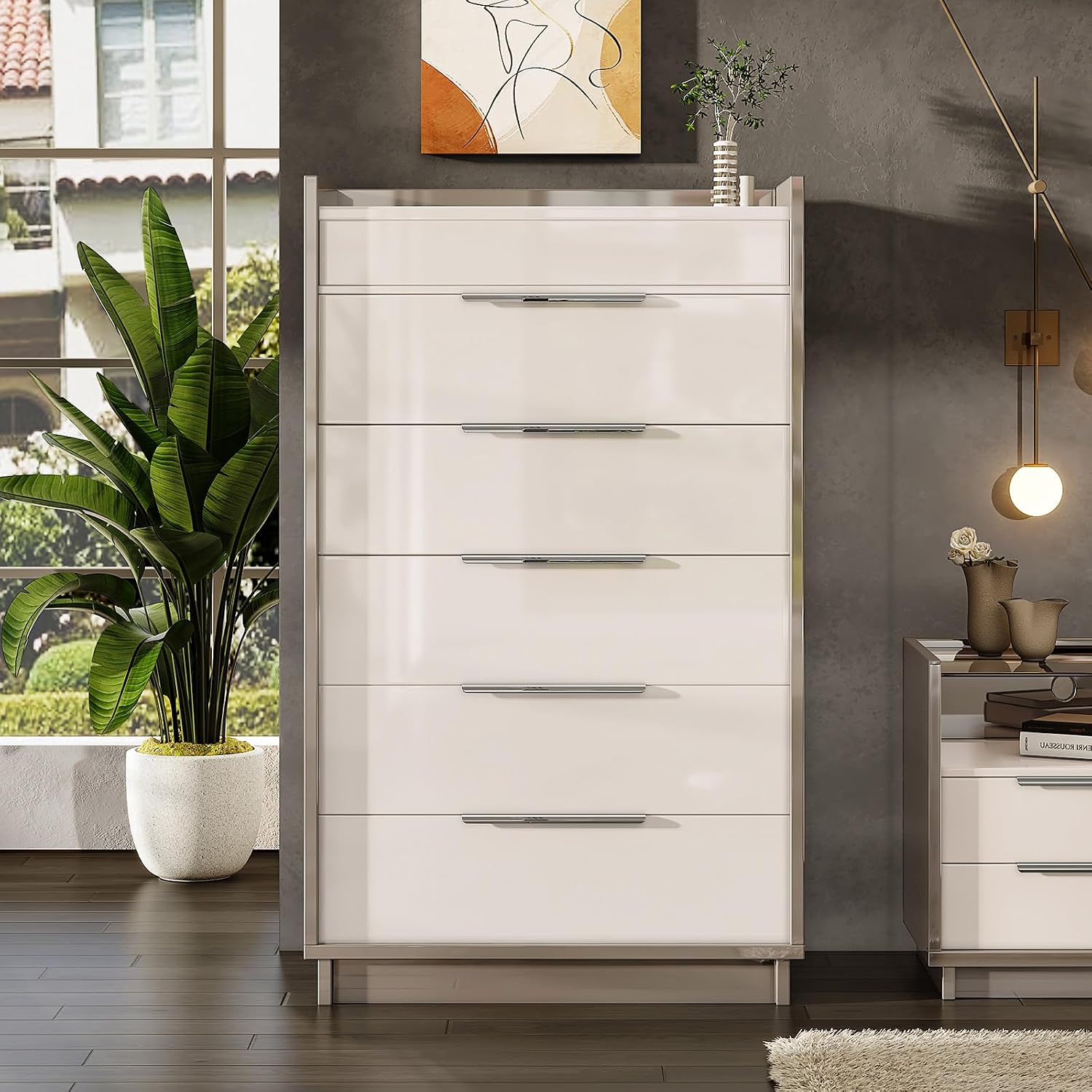 AMERLIFE 5-Drawer Chest with Glass Tabletop, Storage Dresser Organizer with Inside Mirror & Lift Top Dresser for Bedroom, Cream&Grey