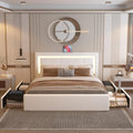 Queen Bed Frame with Adjustable Headboard, Upholstered Platform Bed with RGB LED Lights, 4 Storage Drawers & Charging Station (1 USB 1 Type-C), PU Leather Headboard, Noise-Free, No Box Spring Needed