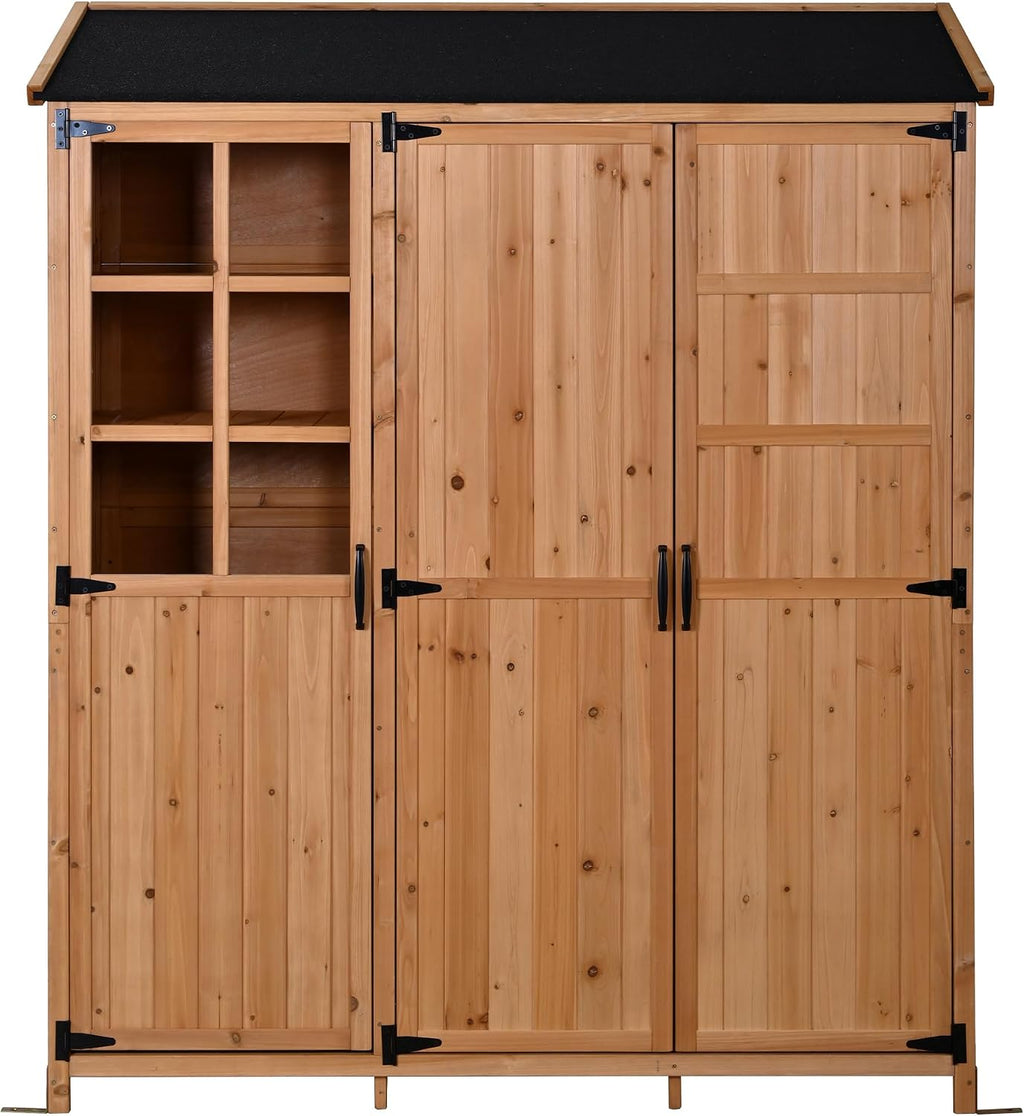 Outdoor Garden Storage Shed with Waterproof Roof, Farmhouse Potting Bench Table with 3 Doors Cabinets, 7 Storage Shelves, 2 Drawers, and 6 Hooks,Natural