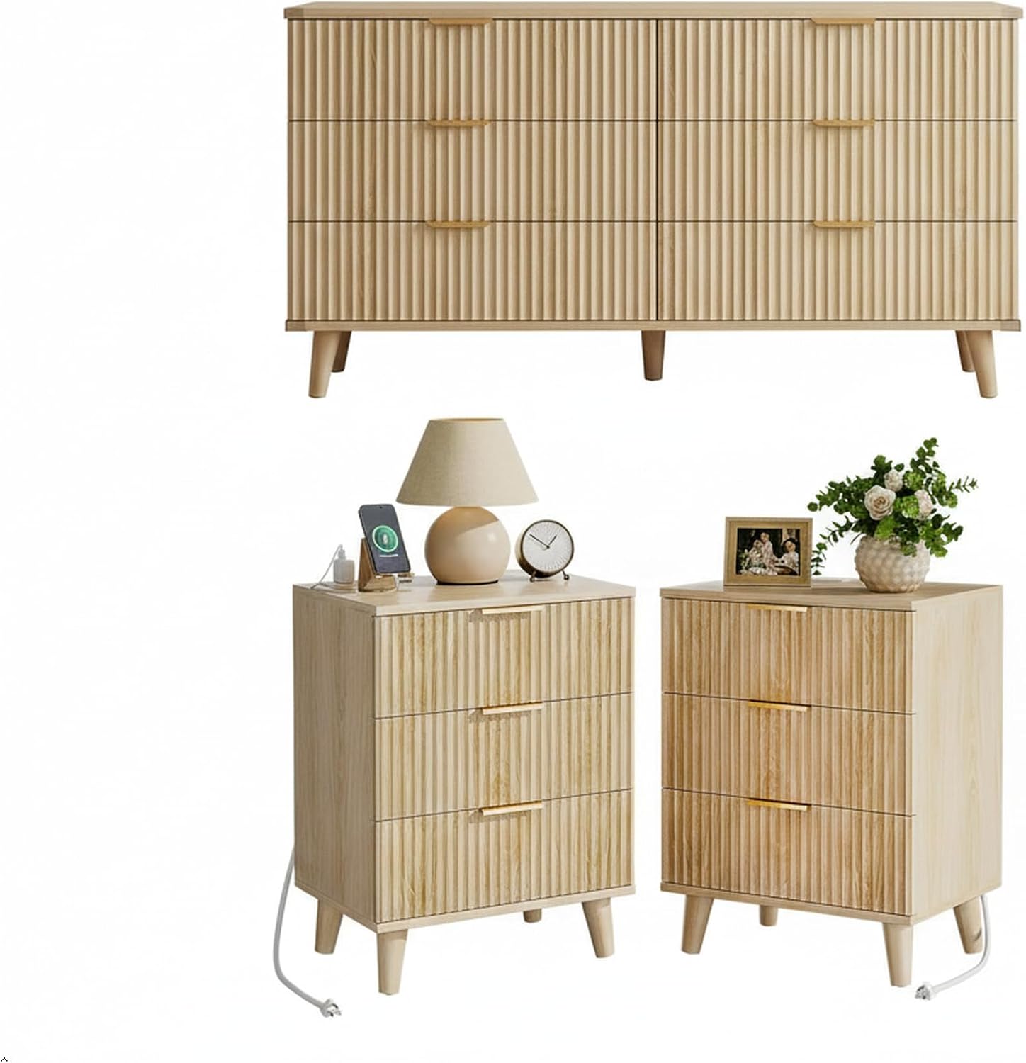 Lulive Modern Dresser and Nightstand Sets 3-Piece, 6-Drawer Dresser + 2 Nightstands Bedroom Sets with Solid Wood Legs (Natural Oak)
