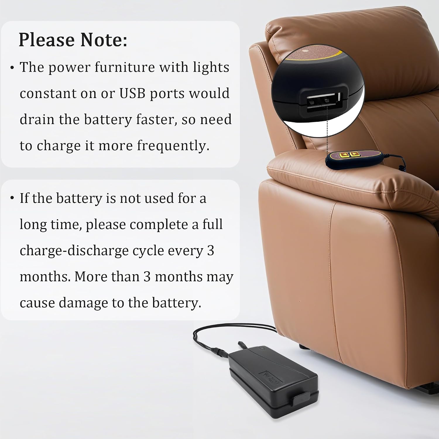 Power Recliner Limoss Wireless Rechargeable Akku Battery Pack Model YH-U1800B Kits with Wall Power Supply and Y Power Cable