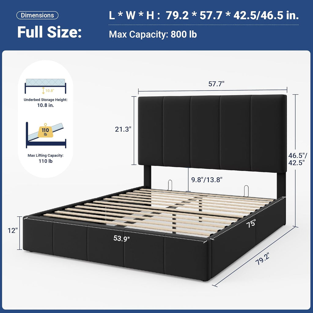 Allewie Full Size Velvet Lift Up Storage Bed Frame, Vertical Channel Tufted Headboard, Hydrualic Underneath Storage, Upholstered Platform Bed, Wooden Slats Support, No Box Spring Needed, Black