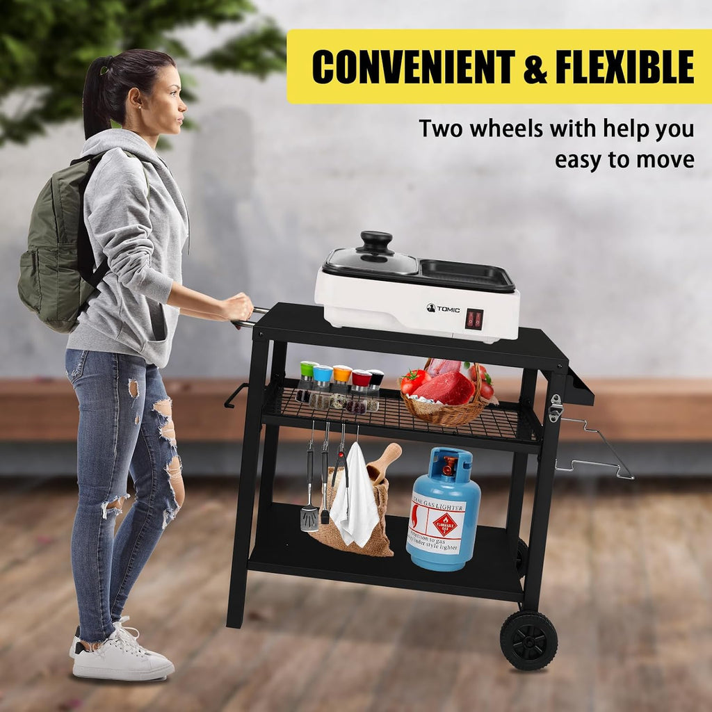 Outdoor Grill Cart,Grill Table with Three-Shelf,Movable Pizza Oven Table,Rolling Kitchen Cart,Grill Tables for Outside BBQ with Two Wheels Black