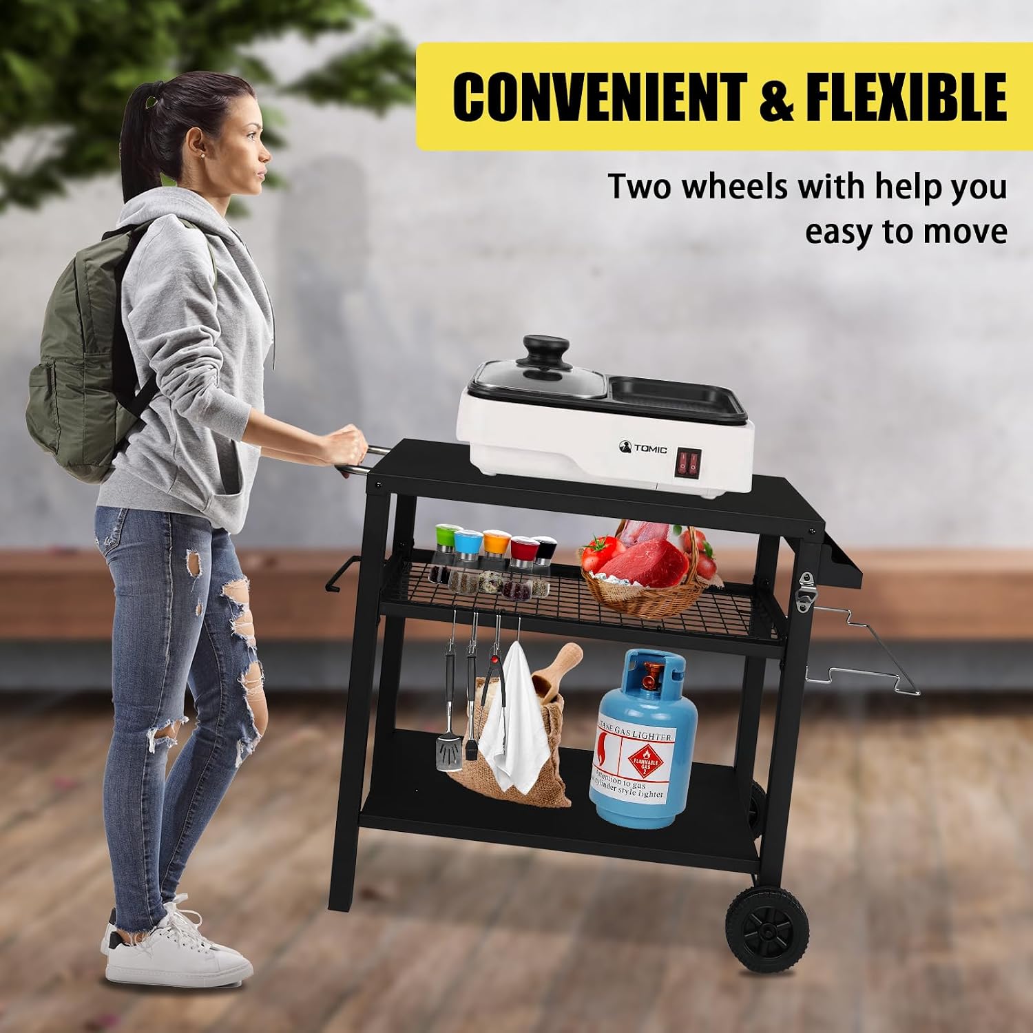 Outdoor Grill Cart,Grill Table with Three-Shelf,Movable Pizza Oven Table,Rolling Kitchen Cart,Grill Tables for Outside BBQ with Two Wheels Black