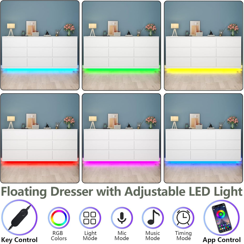 Gyfimoie 9 Drawer Dresser with Power Outlet and LED Lighting, Floating White Dresser Chest of Drawers, The Modern Organizer for Bedroom & Living Room (White)