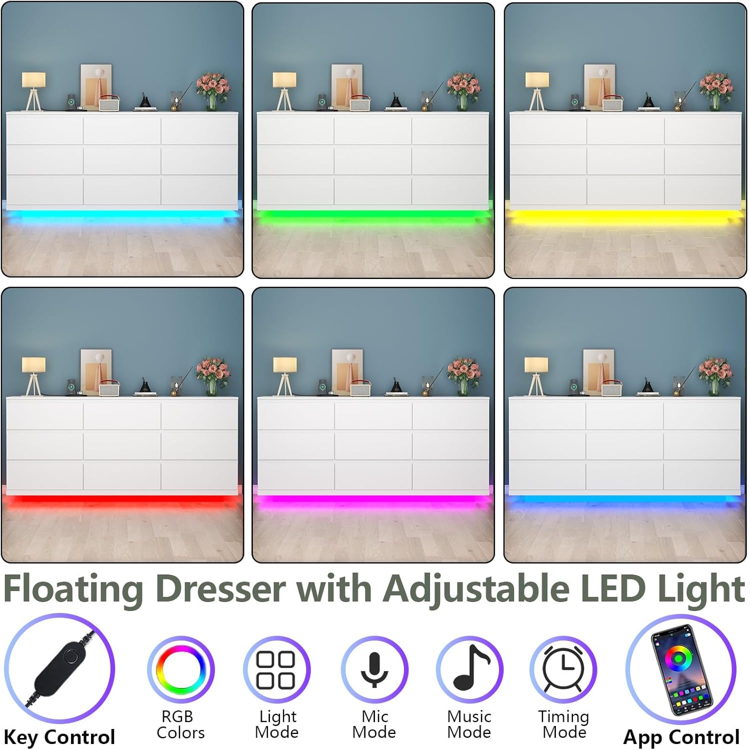 Gyfimoie 9 Drawer Dresser with Power Outlet and LED Lighting, Floating White Dresser Chest of Drawers, The Modern Organizer for Bedroom & Living Room (White)