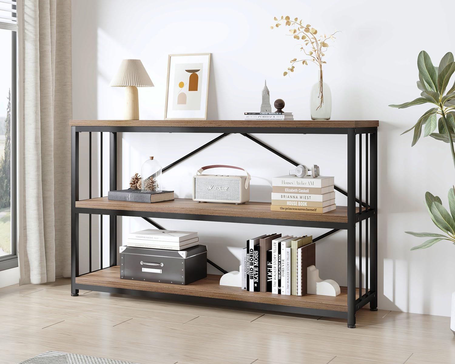 IBF 3 Tier Bookshelf Storage Organizer, Industrial Short Wide Open Horizontal Bookcase, Farmhouse Low Wood Metal Book Shelf for Office, Modern Vintage Etagere in Bedroom Living Room, Rustic Oak, 47 In