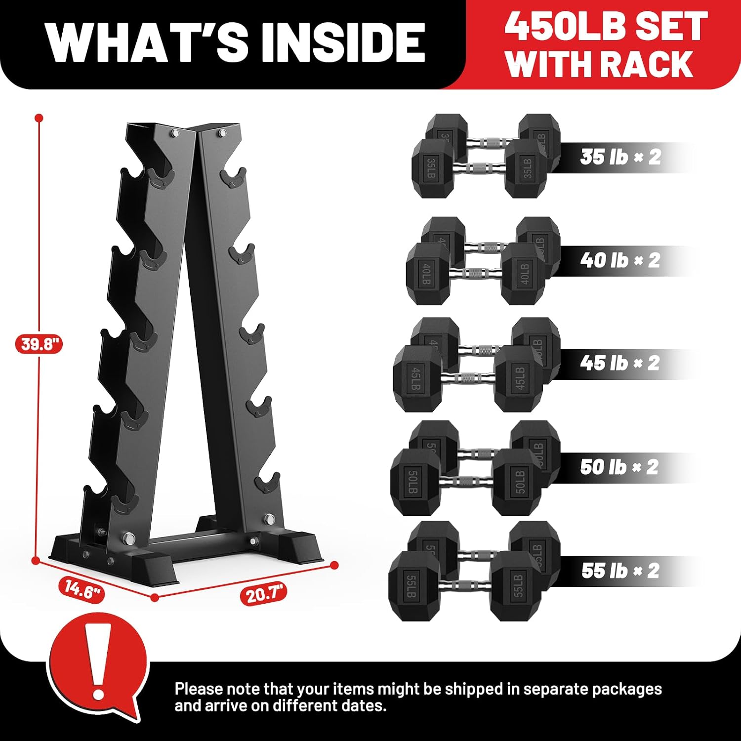 PAPABABE Hex Dumbbell Set with Rack, 85-560lb Rubber Encased Dumbbell Free Weights Dumbbells Set with Storage Rack, Hand Weights Set for Strength Training