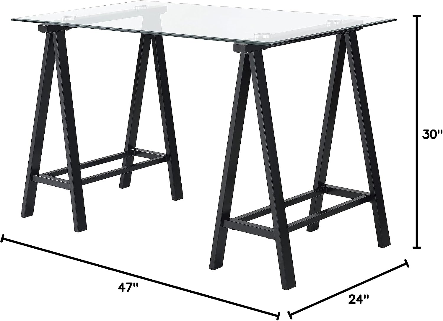 OSP Home Furnishings Middleton 47 Inch Desk with Clear Beveled Glass Top, Black Base