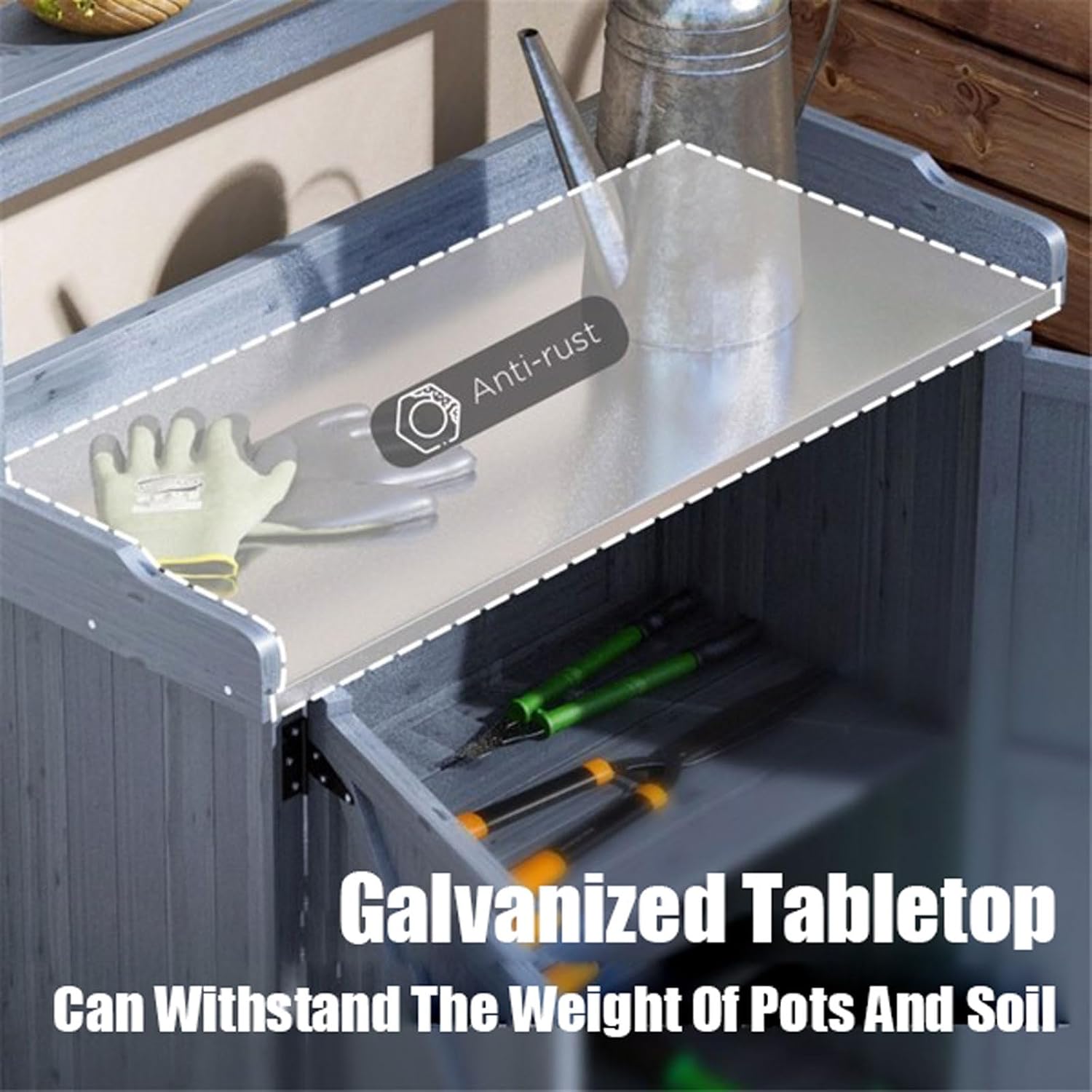 Outdoor Potting Bench with Storage Cabinet and Metal-Plated Tabletop, Top Shelves, Non-Slip Foot Mats, All-Weather Garden Potting Bench Table Work Station for Outside Lawn Patio