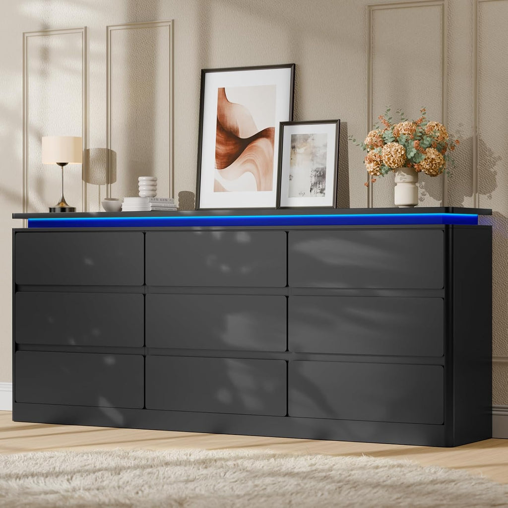 9 Drawer Dresser for Bedroom, 63' Long Black Chest of Drawers with Charging Station & LED Lights, Curved Anti-Collision Design,Wooden Closet Storage Cabinet,Modern Dresser TV Stand with Deep Drawers