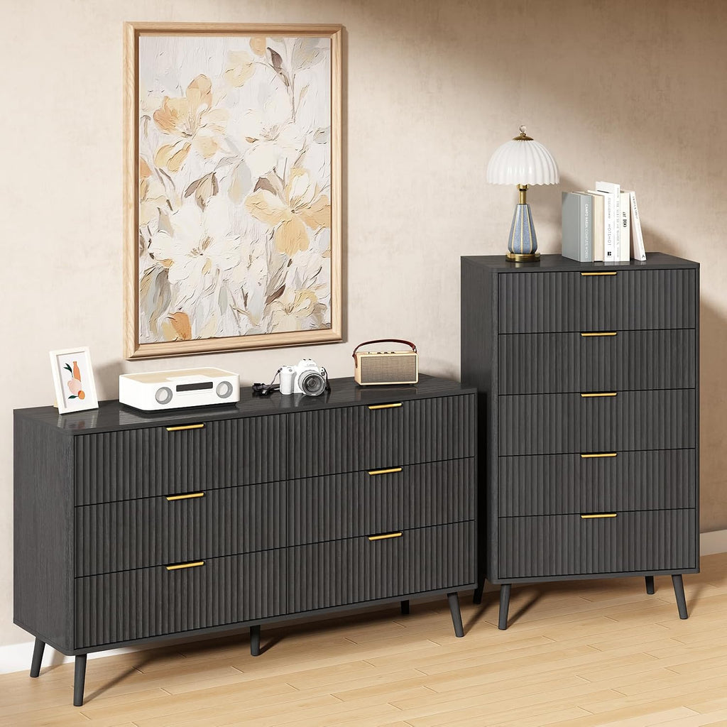 CARPETNAL Fluted 6 Drawer Dresser for Bedroom, 55' Wide Wooden Chest of Drawers with Rounded Corners, Gold Handles, Modern Storage Organizer for Bedroom, Hallway(Black)