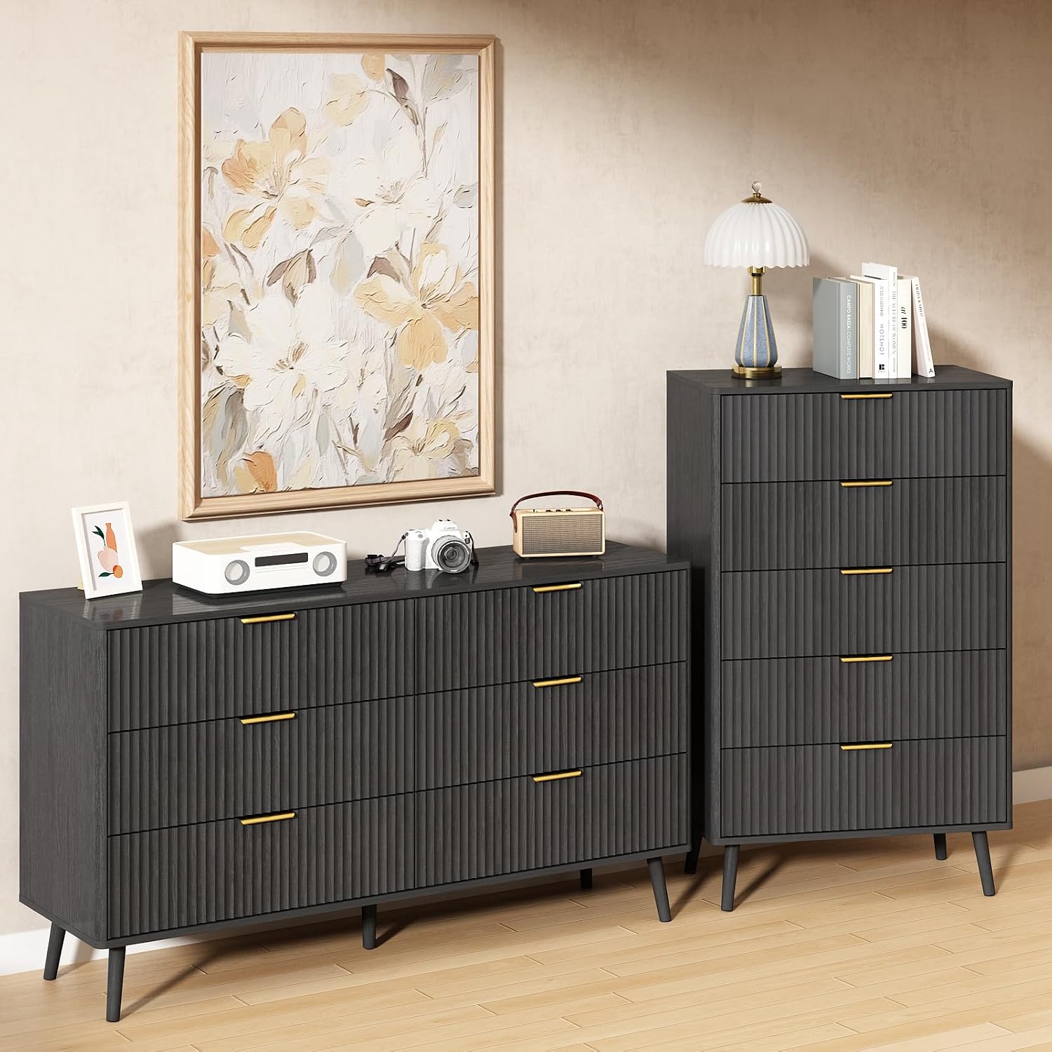 CARPETNAL Fluted 6 Drawer Dresser for Bedroom, 55' Wide Wooden Chest of Drawers with Rounded Corners, Gold Handles, Modern Storage Organizer for Bedroom, Hallway(Black)