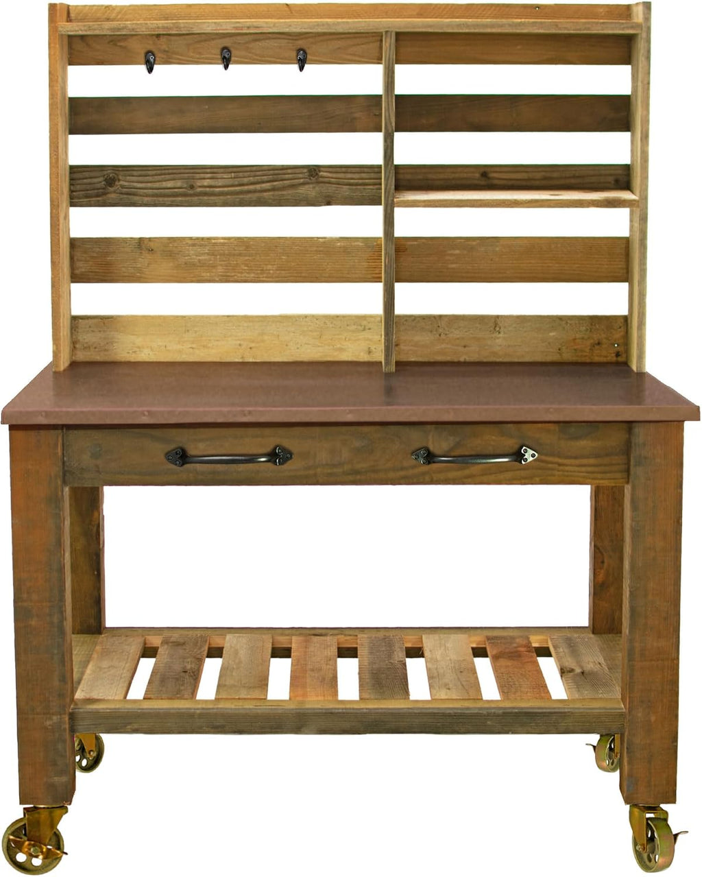Copper Potting Table, Outdoor Garden Buffet Table and Patio Island, Gardening Workbench, Copper Table-Top with Black Iron Castors & Brakes (with Tool Hooks and Drawer Pulls, 5in Gold Casters)