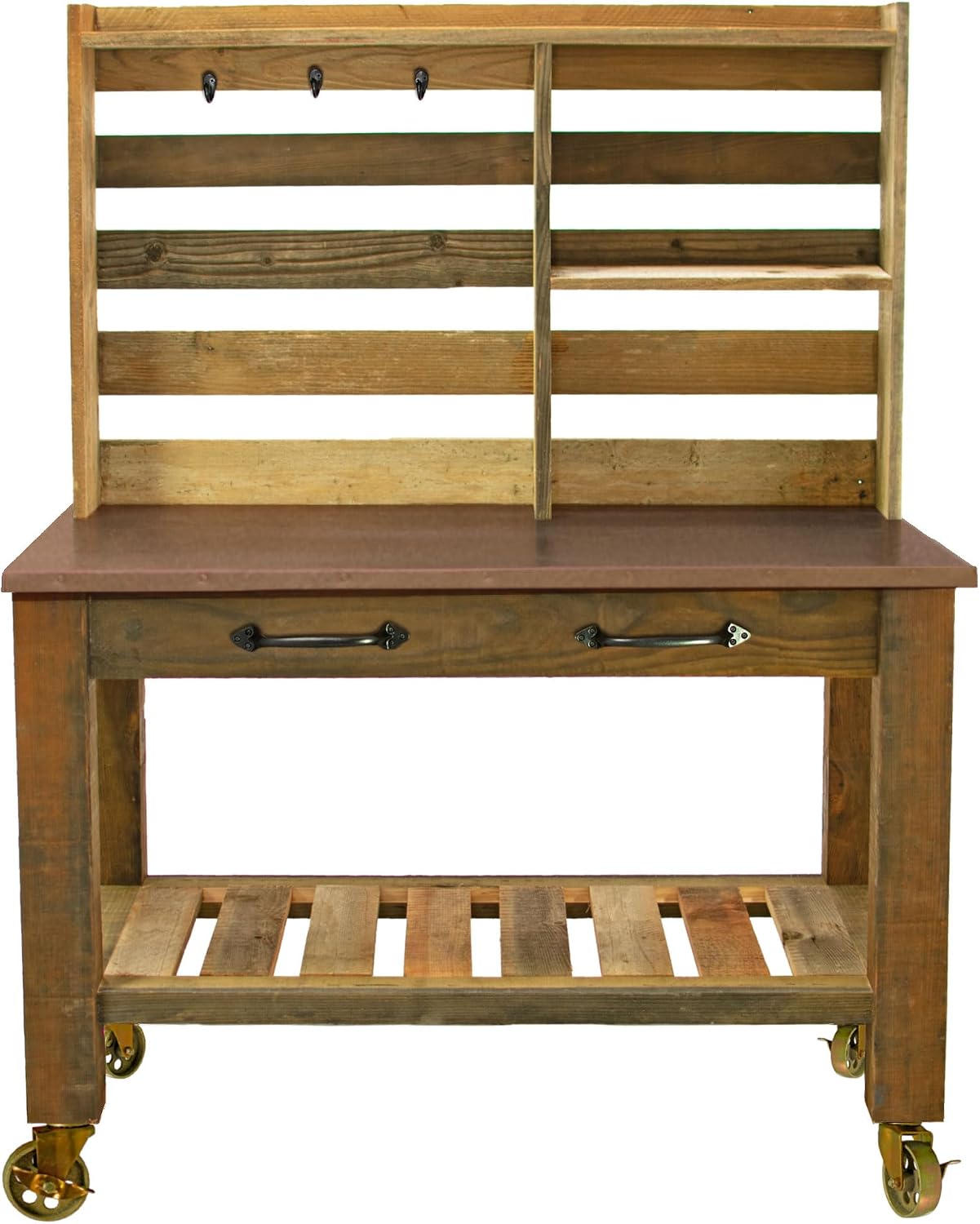 Copper Potting Table, Outdoor Garden Buffet Table and Patio Island, Gardening Workbench, Copper Table-Top with Black Iron Castors & Brakes (with Tool Hooks and Drawer Pulls, 5in Gold Casters)