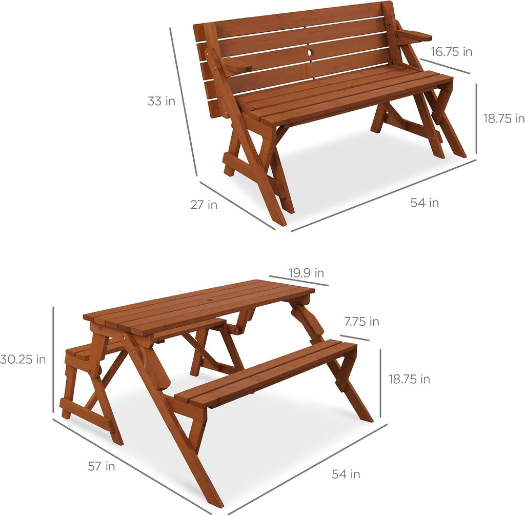 Best Choice Products 2-in-1 Transforming Interchangeable Outdoor Wooden Picnic Table Garden Bench for Backyard, Porch, Patio, Deck w/Umbrella Hole - Acorn