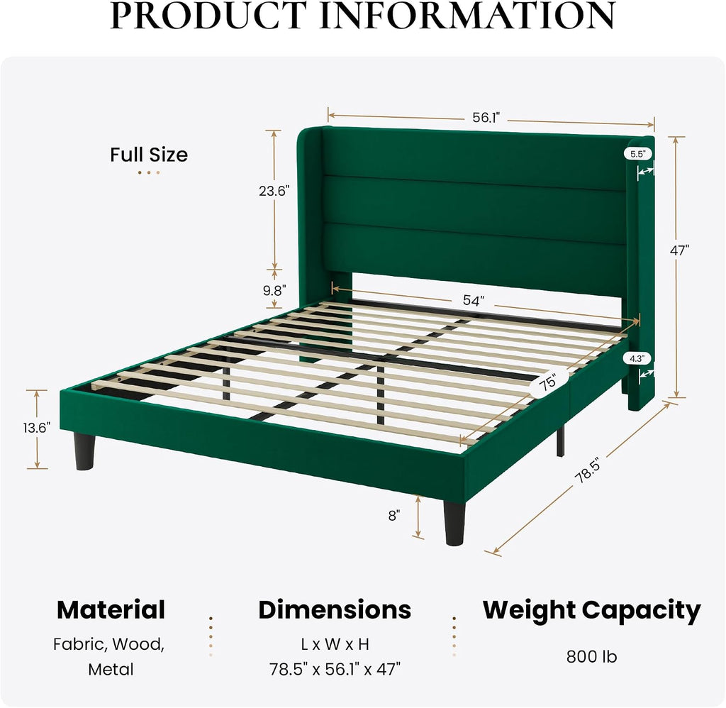 SHA CERLIN Full Size Velvet Bed Frame with Wingback Headboard/Upholstered Platform Bed with Wooden Slats/Mattress Foundation/No Box Spring Needed/Easy Assembly/Green