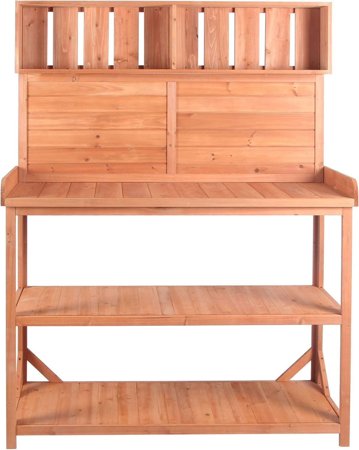 65 Inch Large Wooden Farmhouse Outdoor Potting Bench Table with 4 Storage Shelves & Anti-Falling Device, Rustic Patio Garden Workstation for Planting (Natural)