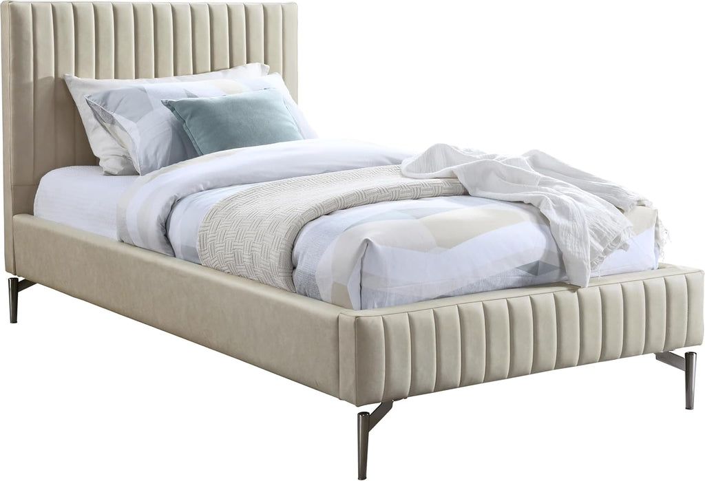Meridian Furniture GalloBeige-T Gallo Collection Modern | Contemporary Twin Bed with Soft Beige Vegan Leather, Deep Channel Tufting and Black Metal Legs, 44' W x 84.5' D x 43.5' H, Beige, Twin