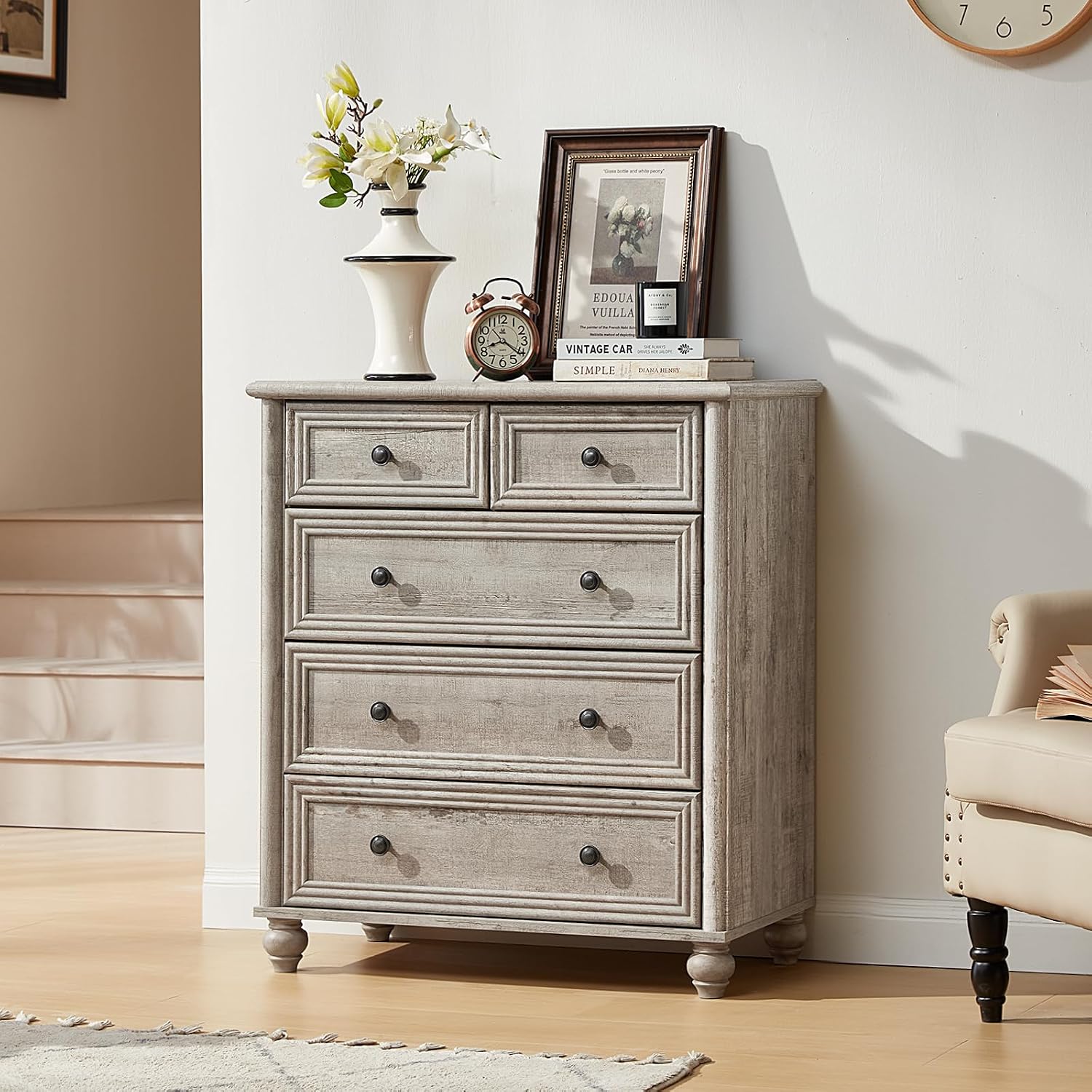 RWYHG Farmhouse 5 Drawer Dresser for Bedroom, 35.5' Tall Small Dressers & Chest of Drawers, Rustic Wood Dresser with Roman Column, Storage Organizer for Living Room, Hallway, Closet (Grey)