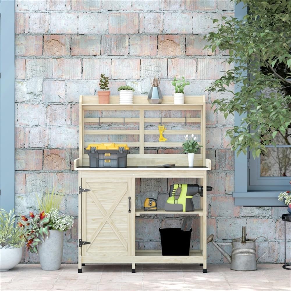 Country Style Outdoor Potting Bench with Storage - Natural Wood Garden Work Table for Planting, Sturdy Fir Wood Potting Station with Shelves & Cabinet, Easy Assembly, Holds 165lbs
