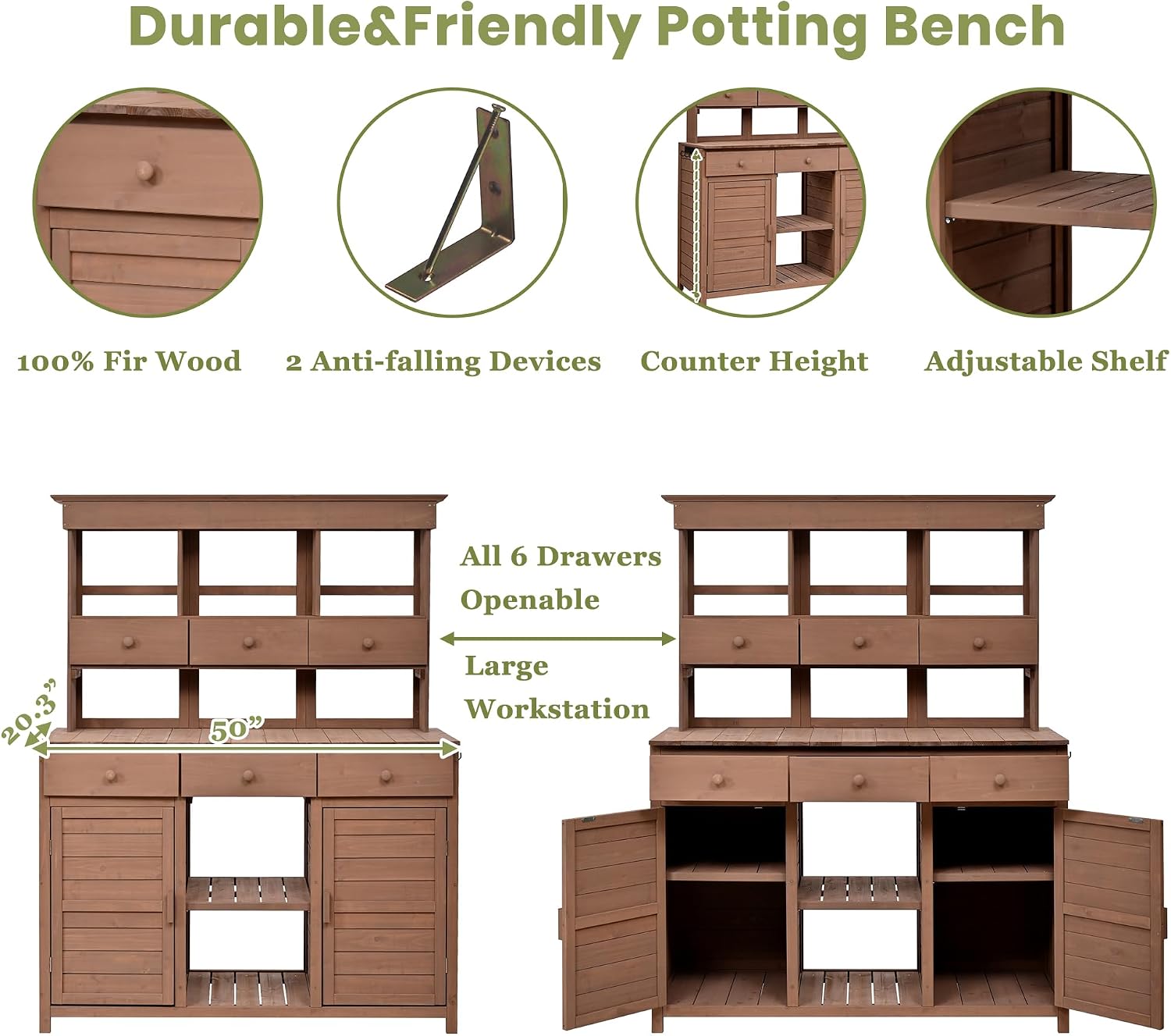 Merax 65.7' Tall Garden Potting Bench with Hutch, 3 Shelves, 6 Drawers, 2 Cabinets & Hooks