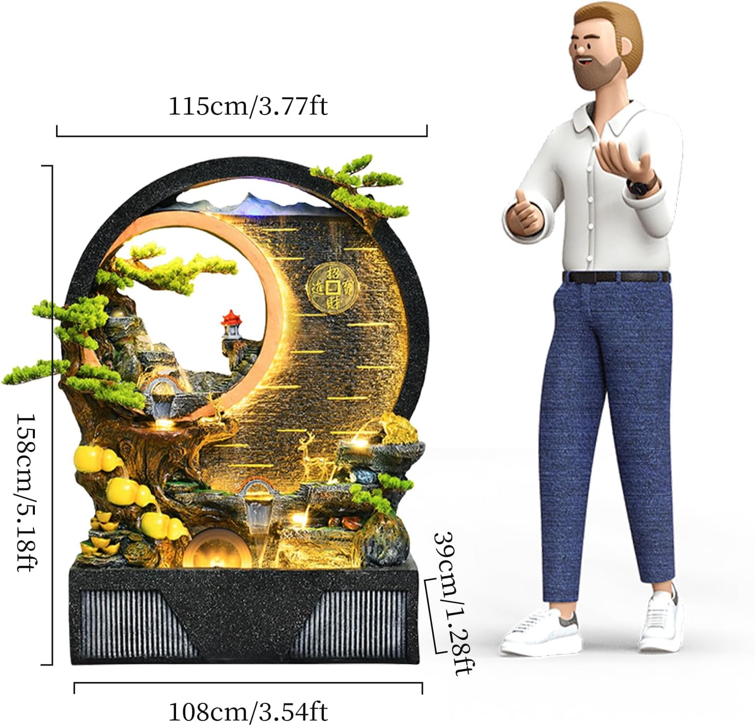 Indoor Outdoor Resin Fountain with LED Light Ring – Round Landscape Waterfall Feature with Pump, Bonsai & Gourd Decor – 6.07ft Tall Large Decorative Water Sculpture(A Small)