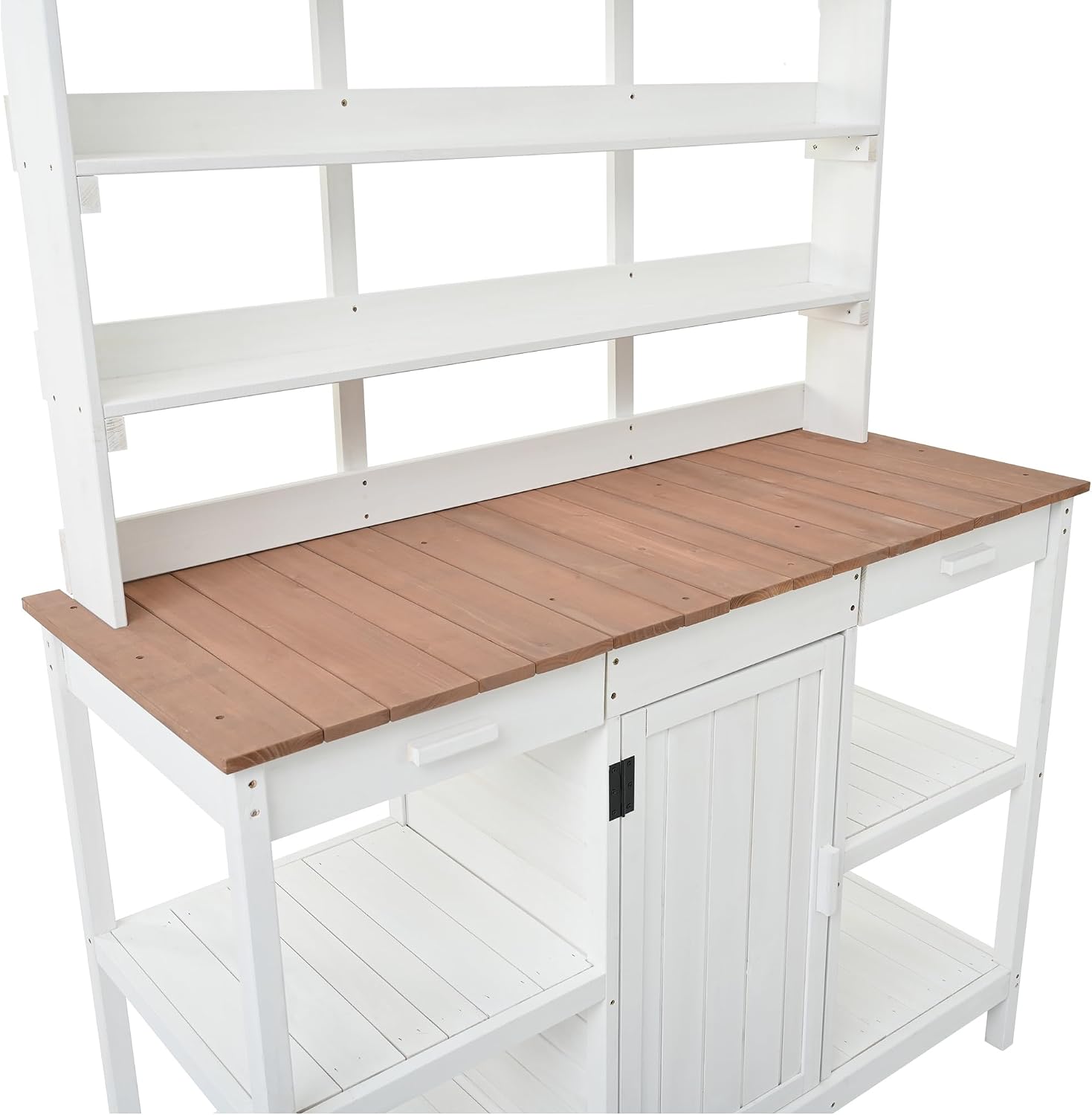 66' Wooden Potting Bench Table with Drawers, Cabinet & Open Shelves, Farmhouse Outdoor Garden Workstation for Backyard Patio or Mudroom, Solid Fir Wood Gardening Table,White
