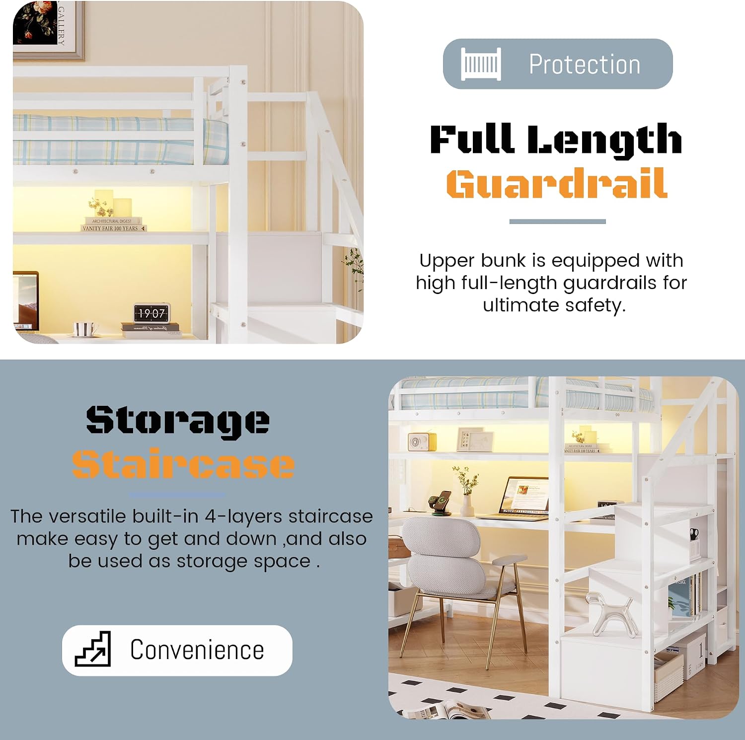 Full Size Loft Bed with Stairs and Desk,Metal Gaming LoftBed with LED Lights,Charging Station, High Loft Beds Frame Full with Storage Shelves,Wardrobe for Teens, Adults, White