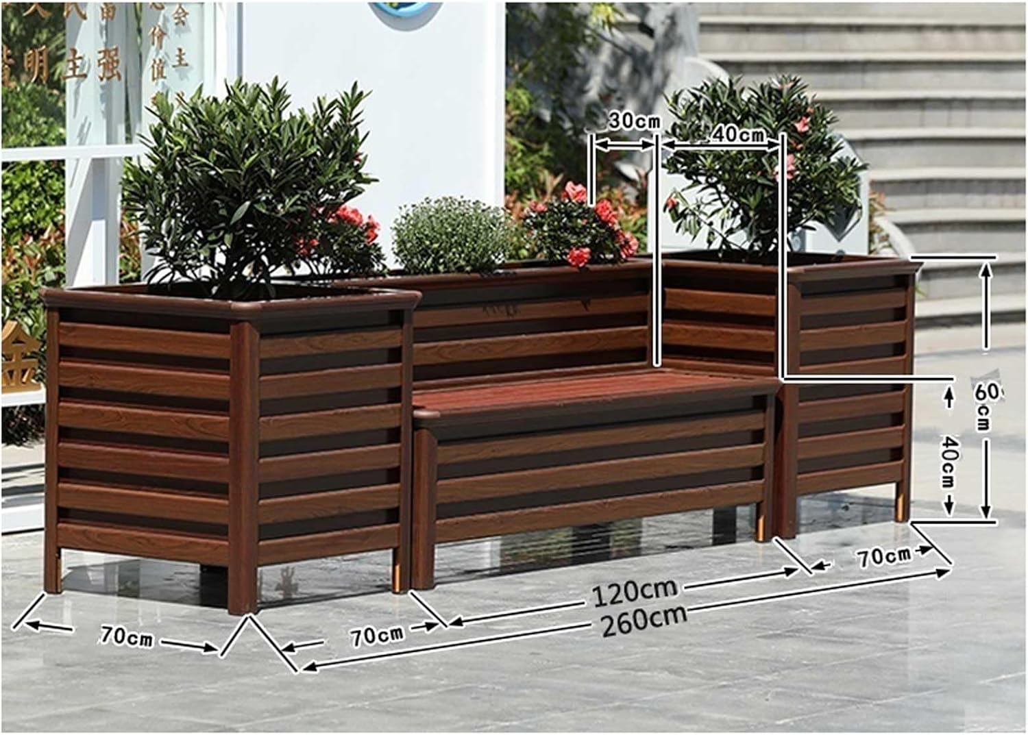 Bench with Planter Box, Outdoor Planter Benches Outdoor Bench Wooden Raised Garden Bed with Planter Box, Large Wood Planter Bench Deck Plant Box for Porch, Patio, Garden, Brown Garden Bench