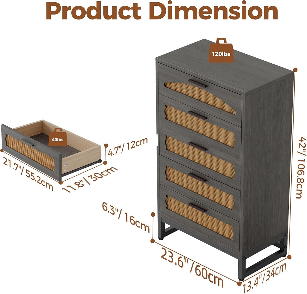 Mericonia 5 Drawer Rattan Dresser for Bedroom, Wood Tall Dresser for Closet with Metal Handles, Boho Nightstand Sets, Dressers & Chests of Drawers for Bedroom, Hallway and Entryway, Black