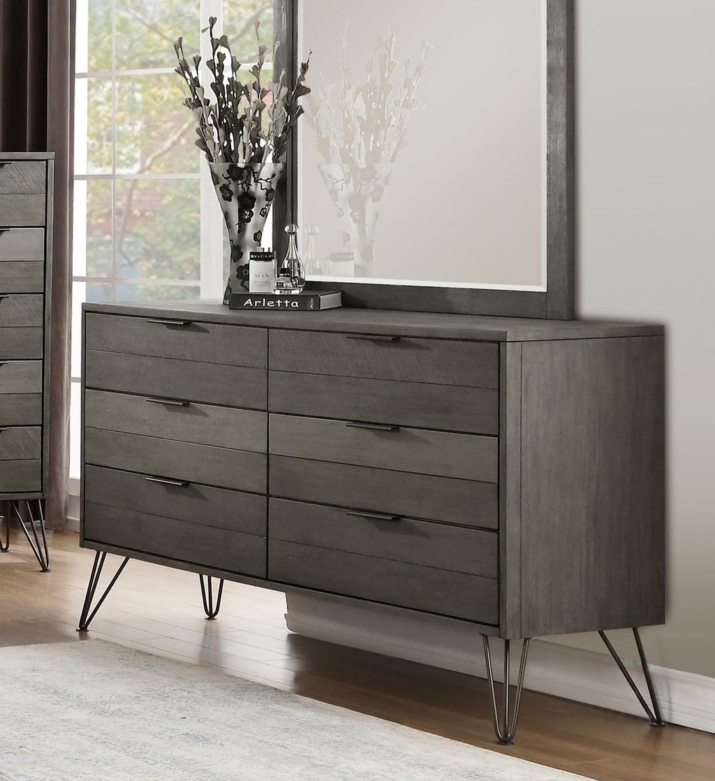 5-Piece Modern Full Size Bed Set Panel Gray Finish Solid Acacia Wood Metal Legs Bedroom Furniture
