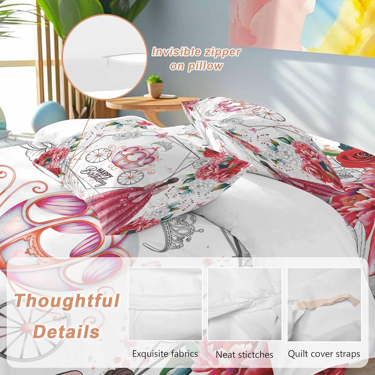 Happy Birthday Duvet Cover Set, Red Dress Crown Carriage Flowers Butterfly Soft Duvet Cover Twin Size Bedding Set 4 Pieces, 1 Quiltcover and 2 Pillowcases with Zipper, 1 Bed Sheet for All Seasons