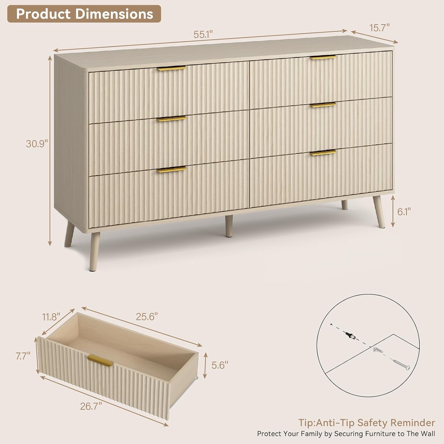 CARPETNAL Fluted Dresser and Nightstand Sets for Bedroom, 3 Pcs Bedroom Set, 6-Drawer Dresser & 2-Drawer Nightstand Set of 2, Modern Wood Chest of Drawers for Living Room, Entryway, Beige