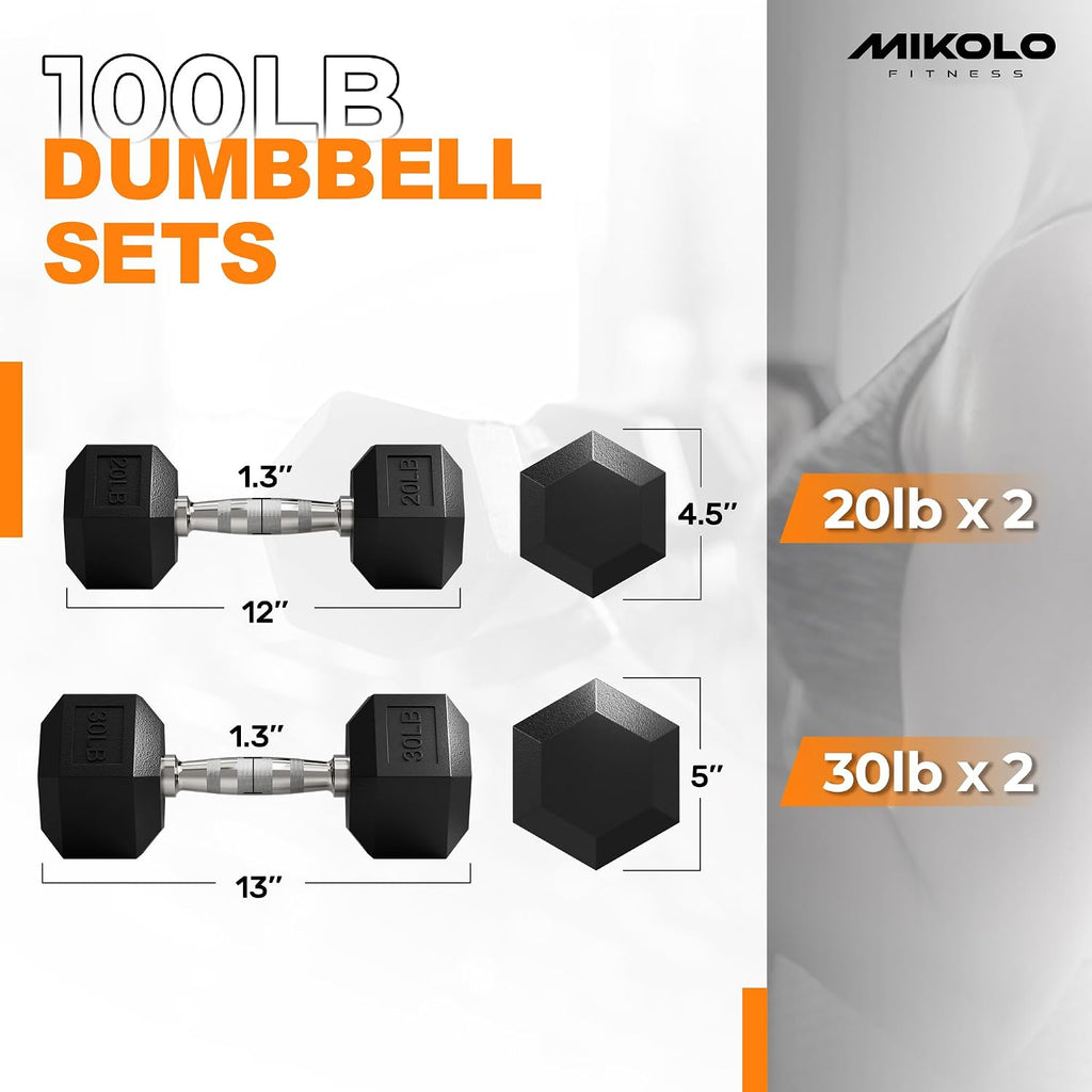 Mikolo Dumbbell Sets with Rack, Rubber Hex Dumbbells, Multiple Choices in 160/200/380/450/550LB, Hand Weights with Chrome Handle for Strength Training