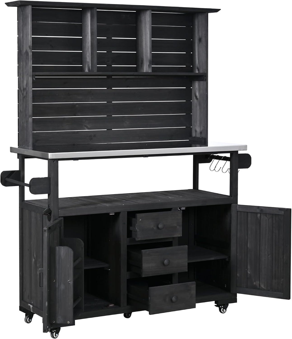 Outdoor Garden Potting Bench, Table Work Bench Metal Tabletop with Potting Bench Table Large Outdoor Kitchen Island Prep Station Cabinet Drawer Open Shelf Natural Wood (Black)