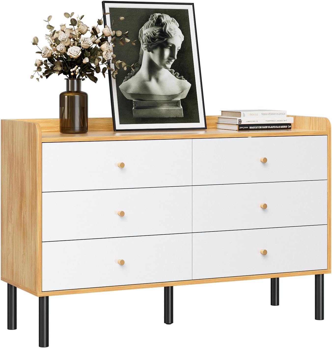 LYNSOM Dresser for Bedroom, 6 Drawer Natural Wood Dresser with Wide Drawer and Metal Handles, Modern Dressers & Chests of Drawers for Hallway Entryway