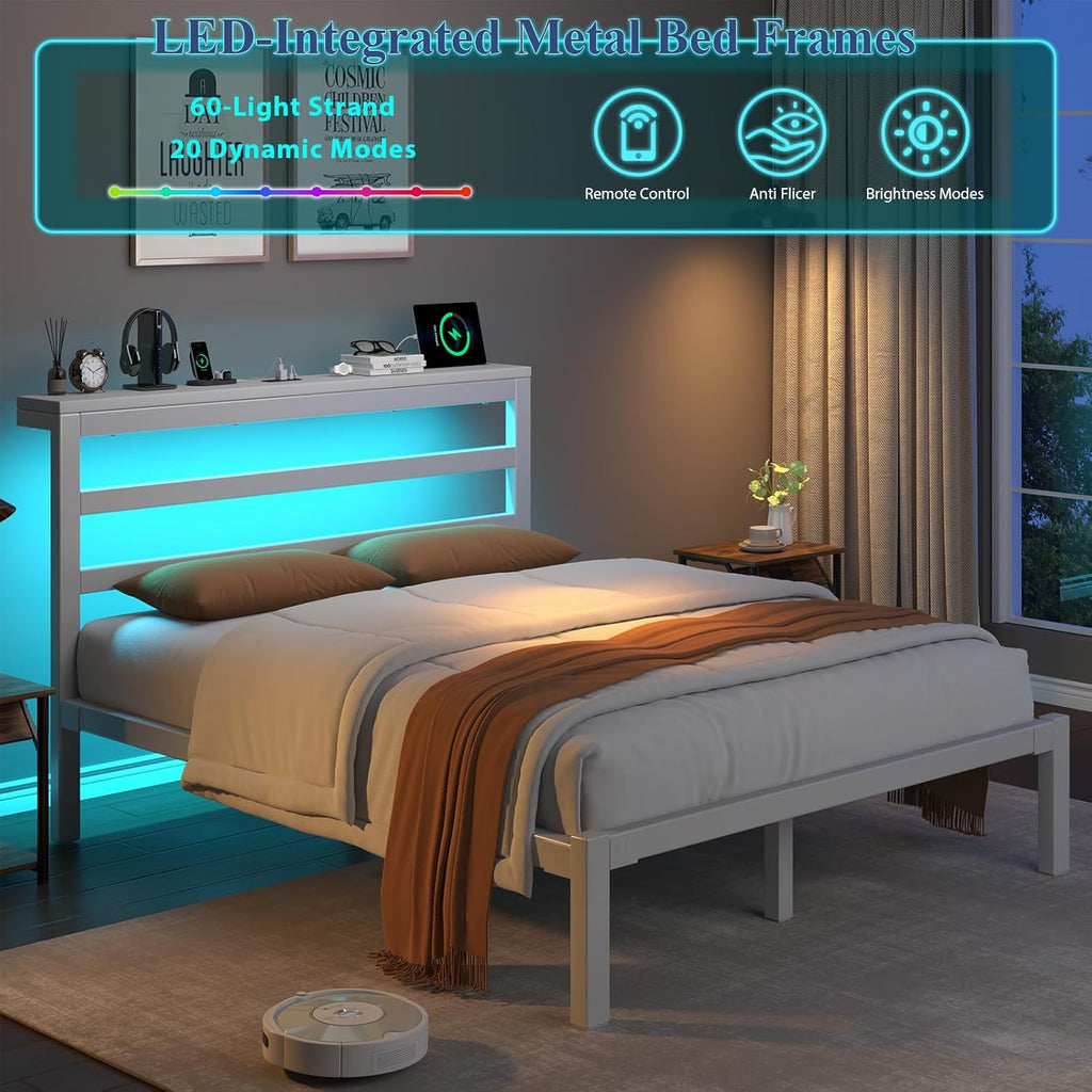 E-Motie Full Size Bed Frame with Storage Headboard, Industrial Platform Bed with Charging Station and LED Lights, Underbed Storage Space,Easy Assembly,No Box Spring Needed,Modern, White