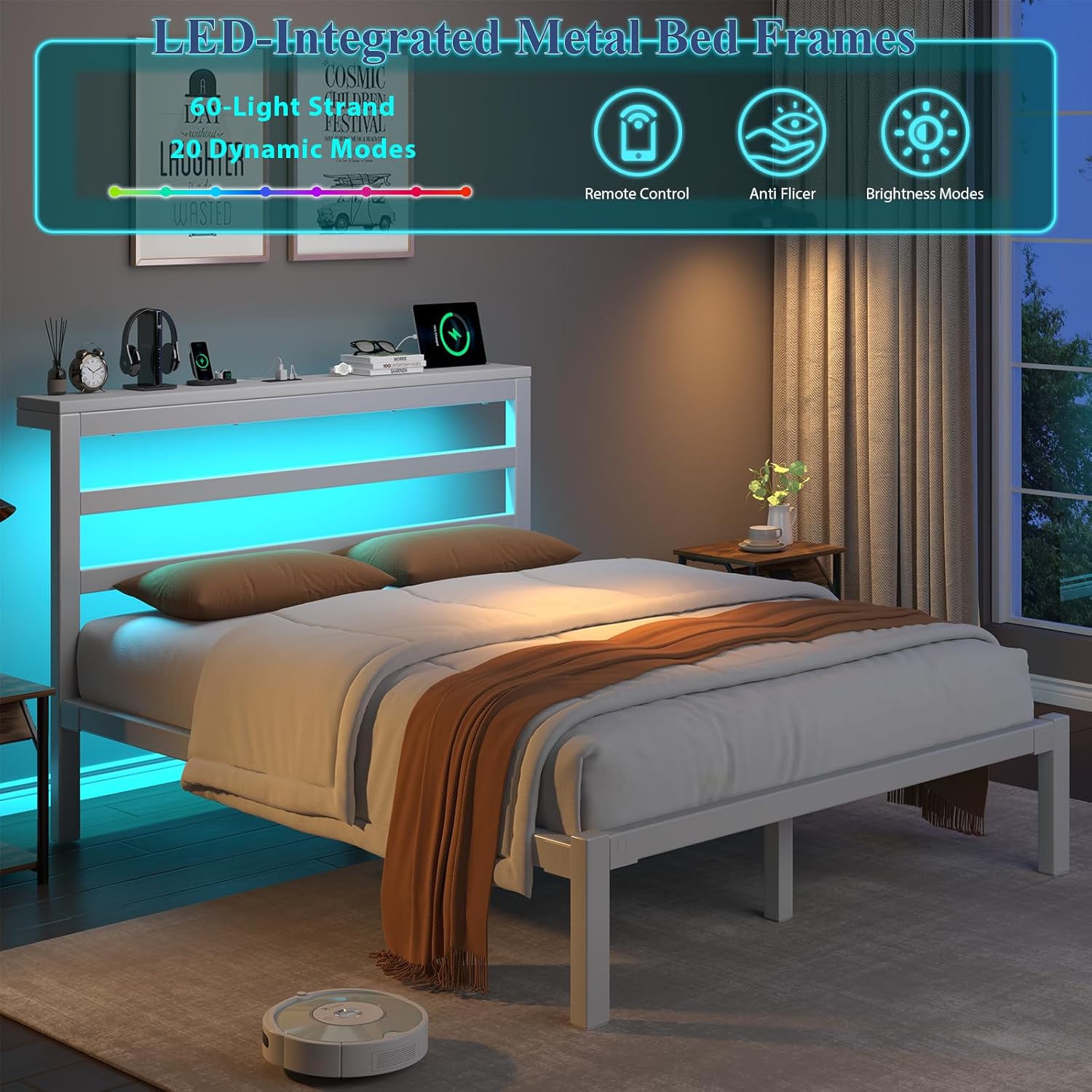 E-Motie Full Size Bed Frame with Storage Headboard, Industrial Platform Bed with Charging Station and LED Lights, Underbed Storage Space,Easy Assembly,No Box Spring Needed,Modern, White